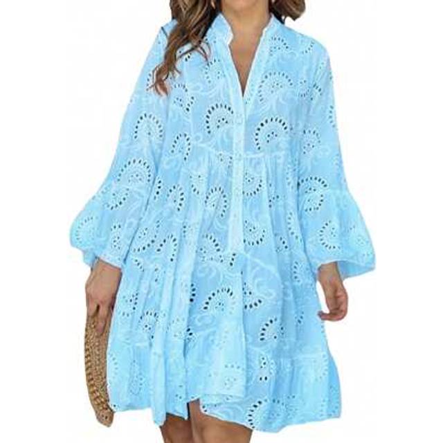 SHEIN Women&#39;s Embroidery Lace Shirt Dress Eyelet Hollow Out Long Sleeve Front Button V-Neck Loose Midi Dress For Party