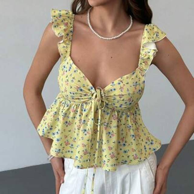 Aloruh New Style Sweetheart Neck Delicate Yellow Ditsy Floral Tie Bow Waist Gathered Ruffle Sleeve A-Line Flattering Sweet Romantic Blouse