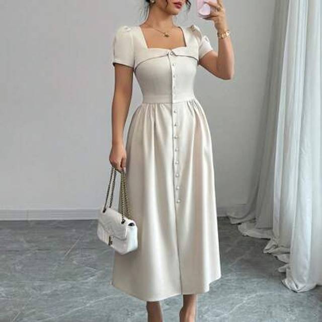 SHEIN Petite Women&#39;s Spring/Summer Elegant Commuter Dress, Flared Collar, Button Closure, Cinched Waist, Short Sleeves, Long Length
