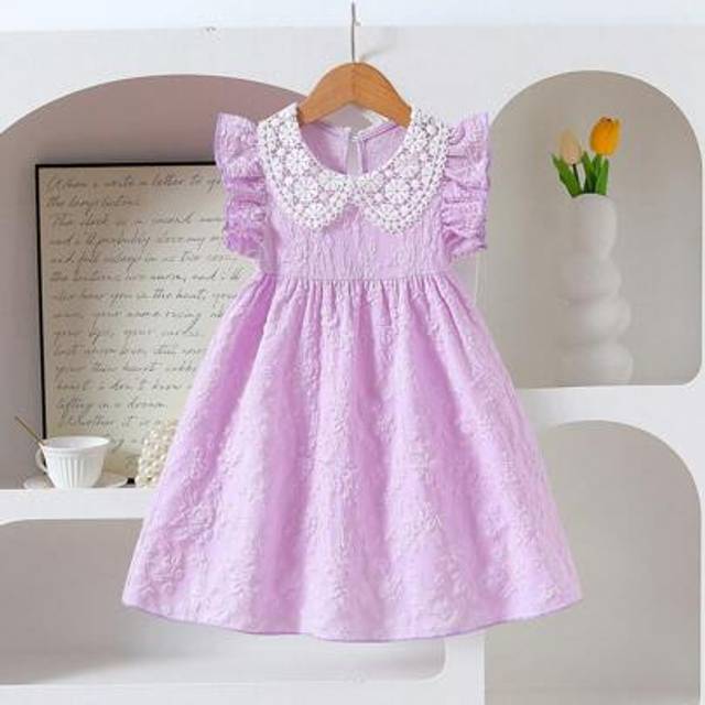SHEIN Girls Elegant Solid Color Jacquard Textured Cap Sleeve Decor Floral Collar High Waist A-Line Princess Dress, Suitable For Travel, Holiday, Party, Birt