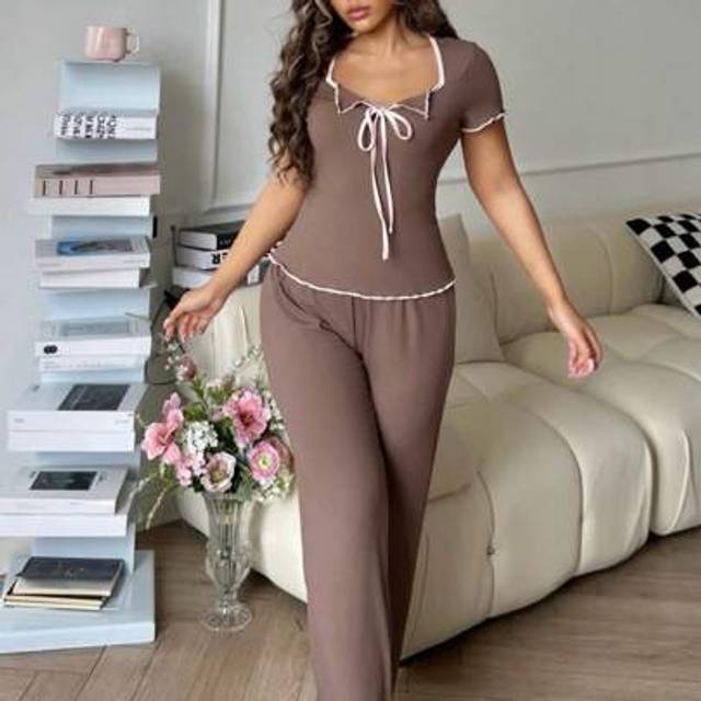 SHEIN Casual Contrast Color Short Sleeve Top & Pants Women Pajama Set Outfit