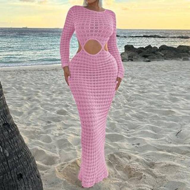 SHEIN Beach Women SexyÂDress Beachwear Beach Women Outfits BeachÂVacationÂWomenÂClothes See-Through Apricot Long Beach Dress