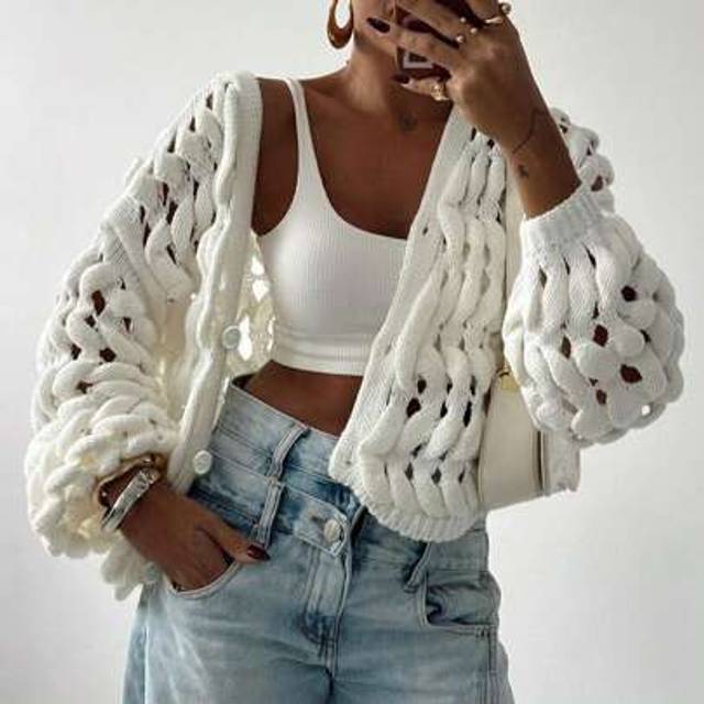 SHEIN FOR BEAUTY Spring And Summer New Women&#39;s Knitted Jacket, Casual Street Style, Hollow Out With Buttons, Solid Color Long Sleeved Top Jacket With Design