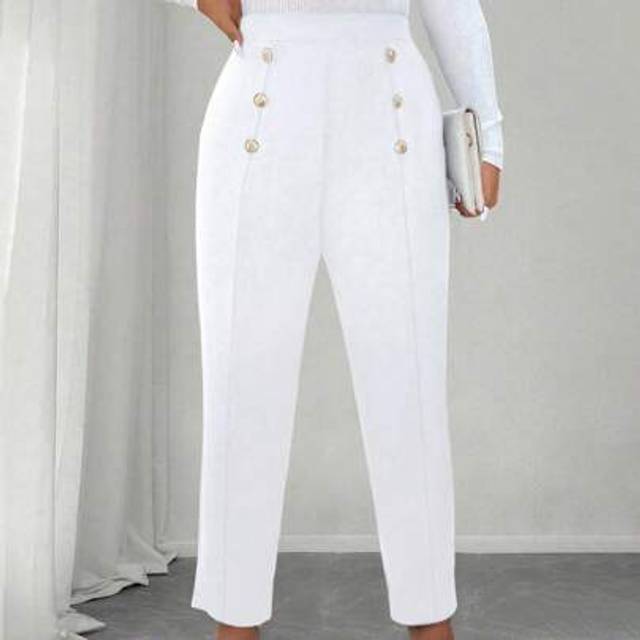 SHEIN Plus Size High Waisted Metal Decor Straight Leg Pants, Elegant Office/Casual Wear