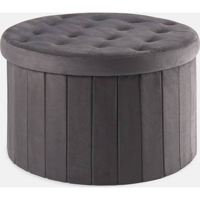 Folding Ottoman Storage Box Footstool Tub Space Saving Velvet Seat, XL Round - Charcoal - One Size