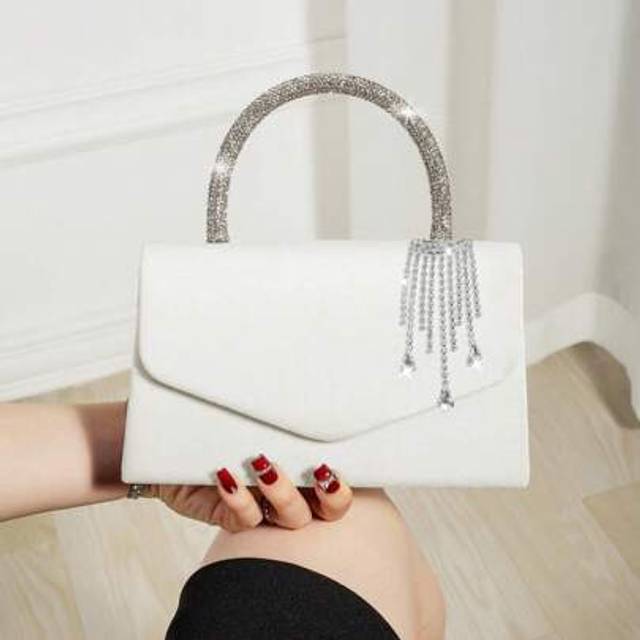 SHEIN Lightweight, Business Casual Rhinestone Decor Bucket Bag Mini Drawstring Design, Clear Bag Faux Pearl Bag Evening Bag, Dinner Bag Glamorous, Elegant,