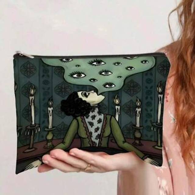 SHEIN Lothair Duchess Canvas Zipper Bag - Vintage Gothic-Style Makeup Bag With Mysterious Eye Design, Unisex Black Canvas Makeup Bag, Formaldehyde-Free, Tra