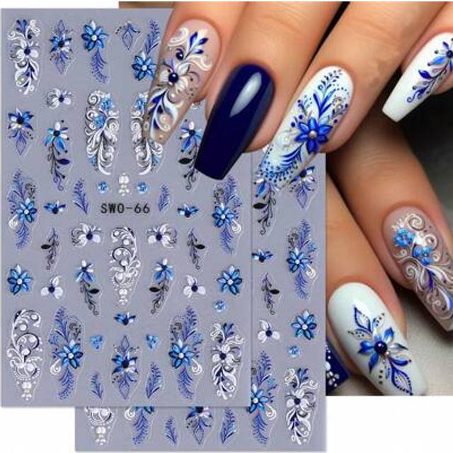SHEIN 2 PCS Blue Flower Pattern 5D Embossed Nail Art Sticker Decals Gradient Flower Vine Nail Art Designs With Texture Petal Floral Print Full Cover Wraps N