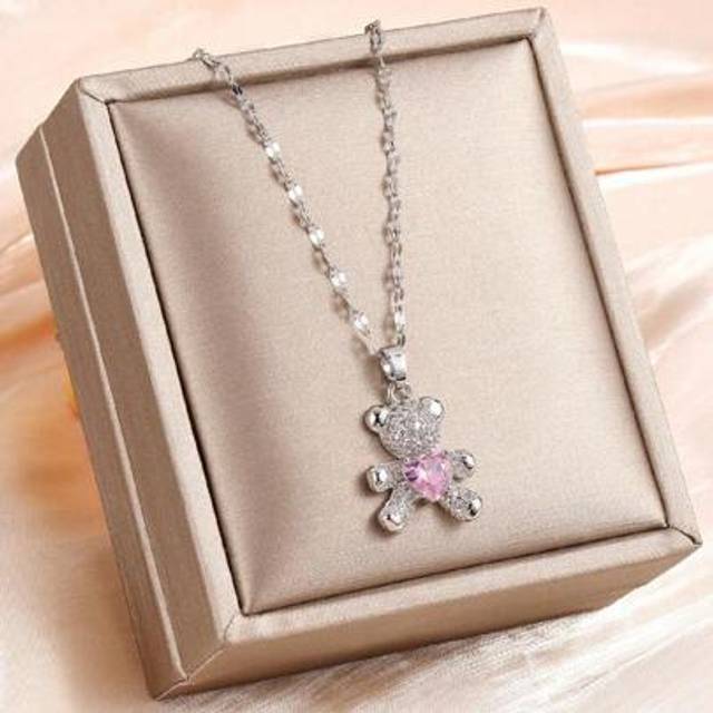 SHEIN 1 Pc Girls Exquisite Cute Pink Heart Cubic Zirconia Bear Pendant Necklace For Kids For Party Banquet For Daily Wearing Gold Jewelry