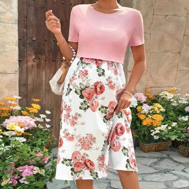 SHEIN Pregnant Women Color Block Round Neck Short Sleeve Simple Casual Nursing Dress Summer Outfits For Women