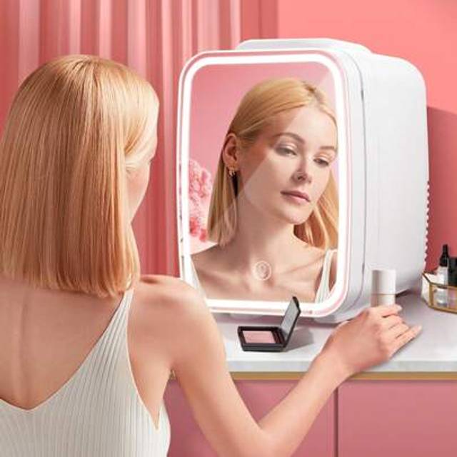 SHEIN Mini Skincare Fridge, 5L/6 Can Portable Small Refrigerator With Dimmable LED Light Mirror, Mini Fridge For Bedroom, Dorm, Office, Cooler & Warmer Comp
