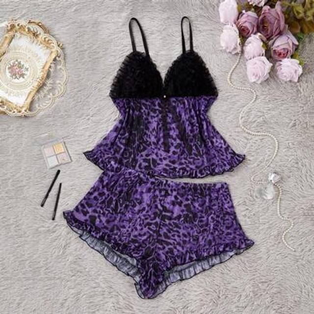 SHEIN Plus Size Leopard Print Ruffle Trim Mesh Camisole & Shorts Pajama Set