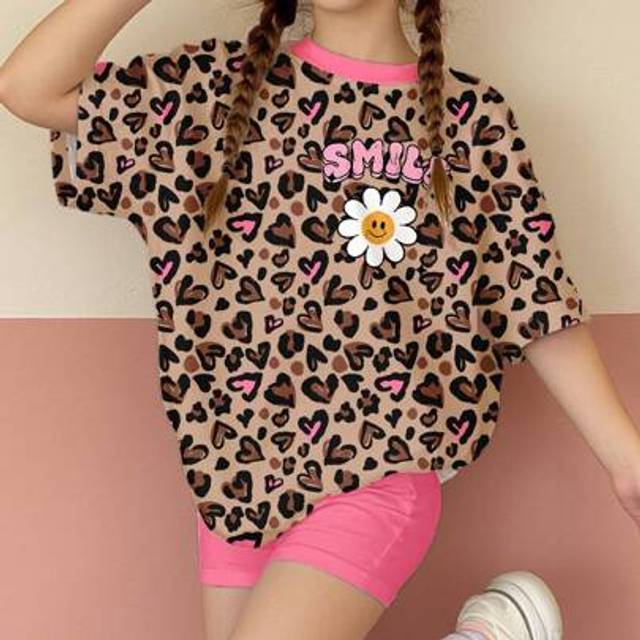 SHEIN 2pcs/Set Tween Girls Vintage Pink Heart Leopard Print & Cartoon Flower Casual Loose Short Sleeve T-Shirt And Shorts Summer Outfit SummerÂOutfits