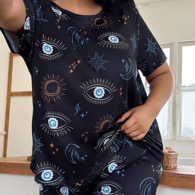 SHEIN Funny Print Crew Neck Short Sleeve Shorts Pajama Set, Plus Size