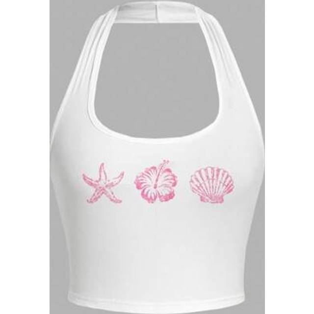 SHEIN Women Casual Starfish, Flower & Shell Print Pink Skinny Halter Neck Camisole, Suitable For Summer