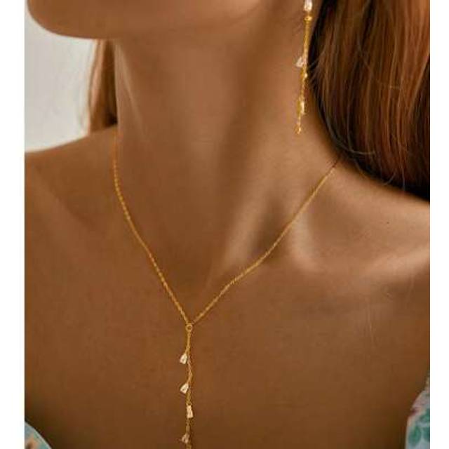 SHEIN 3pcs 925 Sterling Silver Minimalist Teardrop Cubic Zirconia Tassel Pendant Necklace & Earrings Set, Suitable For Everyday And Party Wear For Women