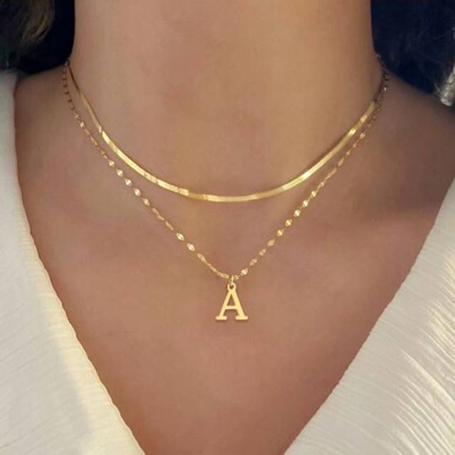 SHEIN 2Pcs/Set Simple Stainless Steel Initial Necklace Herringbone Choker Lip Chain Layered Chain Necklaces For Women