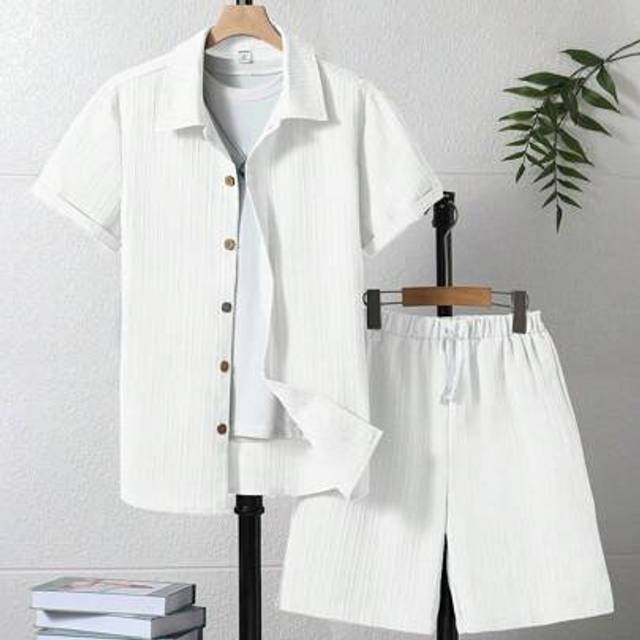 SHEIN Teen Boy 2pcs Set Casual Solid Color Short Sleeve Shirt & Shorts, Summer,Holiday,Summer,Travel