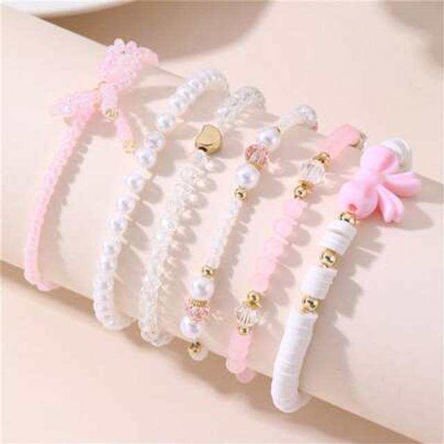 SHEIN 6pcs/Set Fashion Children Faux Pearl Bracelet With Bow & Heart Beaded Bracelet Set, Gift For Girls
