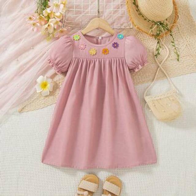 SHEIN Young Girls Colorful 3D Floral Puff Sleeve Ruched Denim Effect Dress