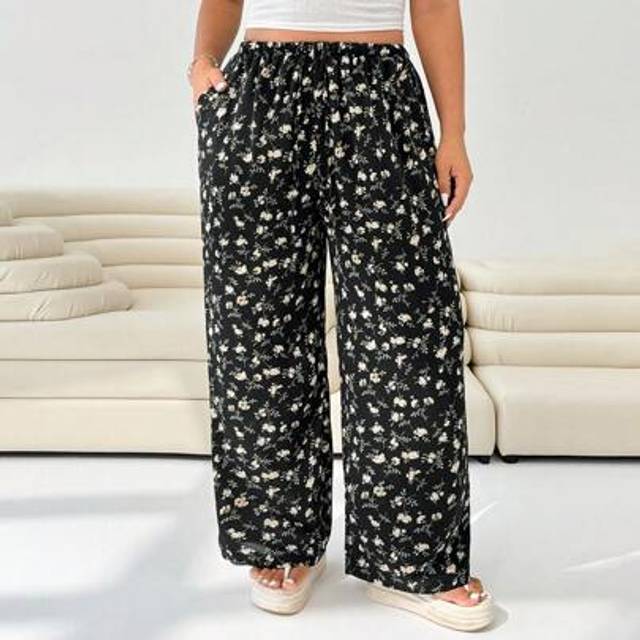 SHEIN Women Plus Size Vacation Style Ditsy Floral Loose Fit Wide Leg Palazzo Pants With Pockets Floral Pants Wide Leg Pants Wide Leg Summer Pants