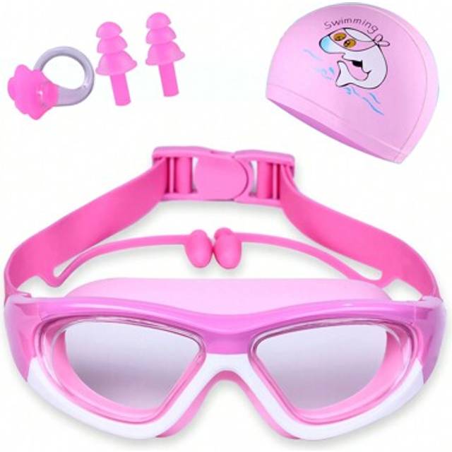 SHEIN High Definition Kids Swim Goggles, Anti-Fog Swimming Goggles With Earplugs, Nose Clip, Big Frame And Swimming Cap Set, Bag Packed