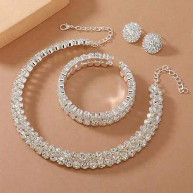 SHEIN 1 Set Luxury Crystal Rhinestone Necklace, Earrings And Bracelet Set, Elegant Bridal Party Accessories