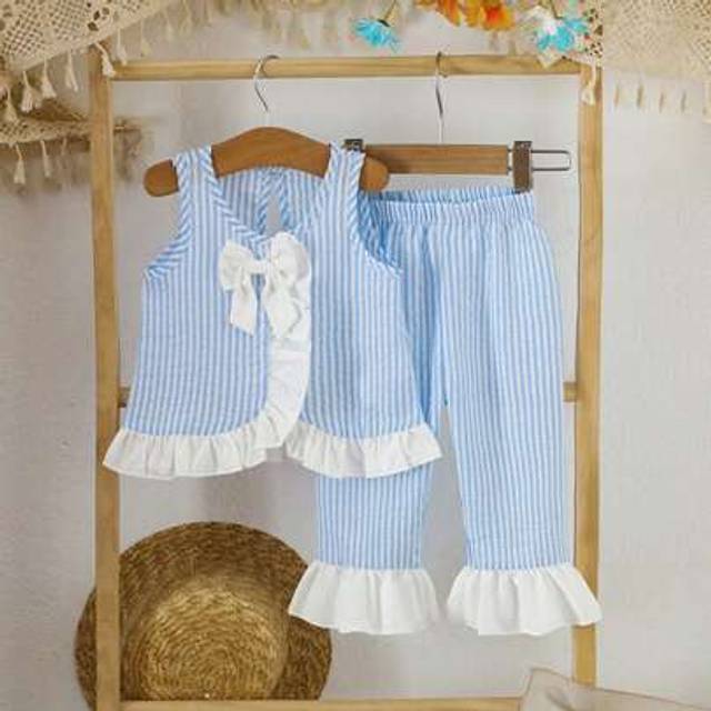 SHEIN 2pcs/Set Toddler Baby Girls Spring/Summer Vacation Outfit - Sleeveless Chiffon Plaid Shirt Top & Pants Set, 0-3 Years