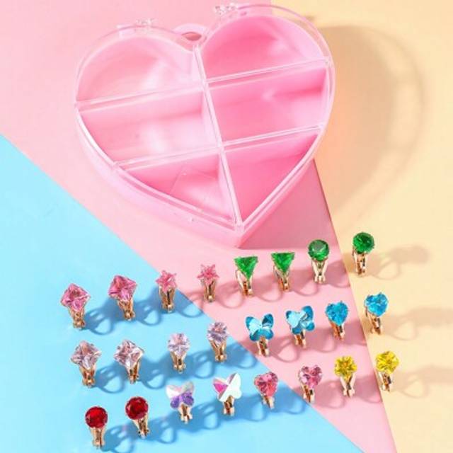 SHEIN 6PCS/24PCS Children&#39;s Little Girl Rhinestone Heart-Shaped Gemstone Clip Earrings, Without Perforations, Can Pretend To Play And Dress Up As A Birthday