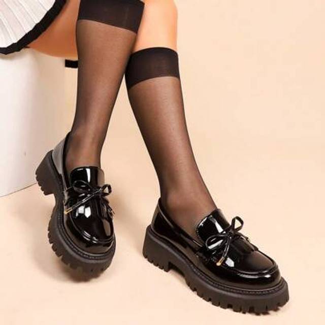 SHEIN Platform Wedge Heel Bow Tassel Slip-On Round Toe Waterproof Flatform Loafers Shoes, Casual Fashion Retro Style Shiny Leather Oxfords For Women