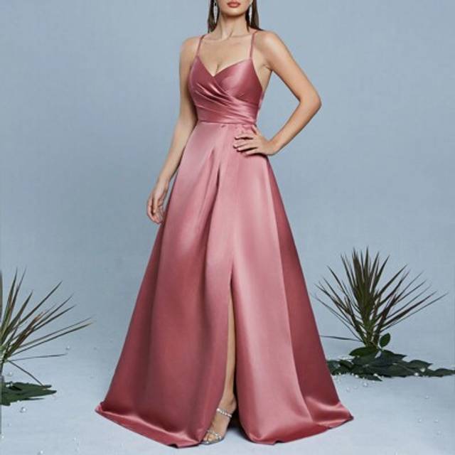 SHEIN Solid Color Backless Criss-Cross Wrap Ruched Spaghetti Strap Sleeveless Sexy Bridesmaid Dress