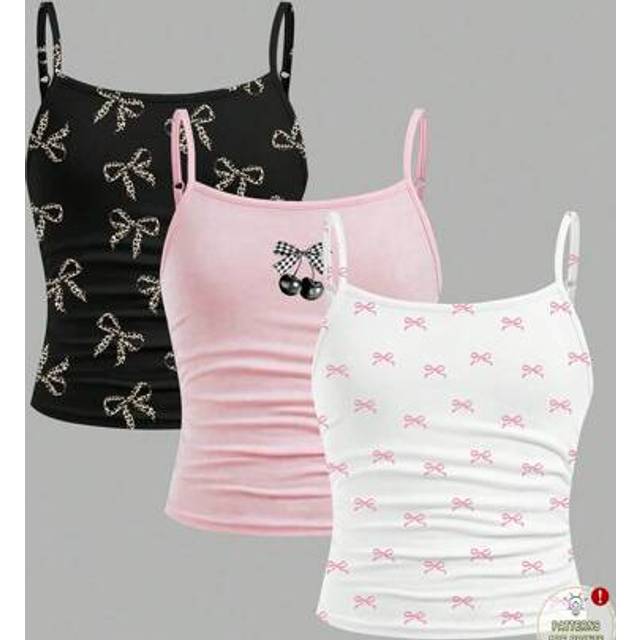 SHEIN 3pcs/Set Tween Girls&#39; Ballet Bow, Cherry Pattern Fitted Casual Crop Camisole Tops, Black, White, Pink