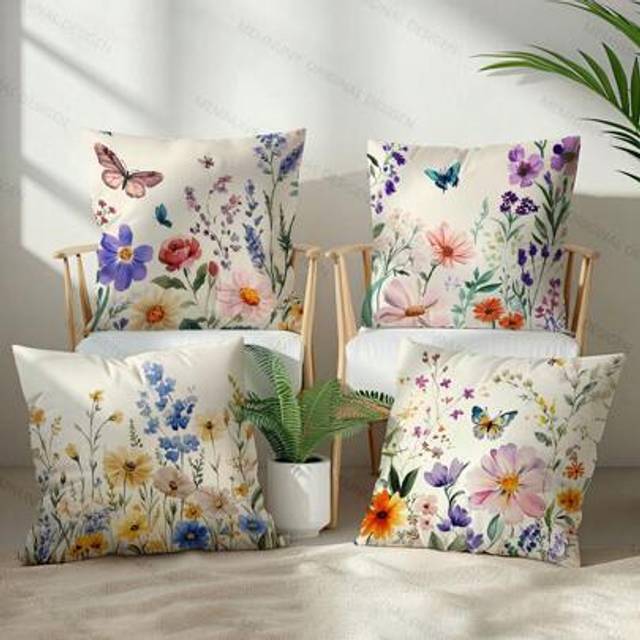 SHEIN 4pcs Vintage Floral Butterfly Pillow Case Set, Single-Sided Printed Soft Peach Velvet Fabric, 45*45cm/50*50cm Cushion Cover For Indoor Sofa Decor, Par