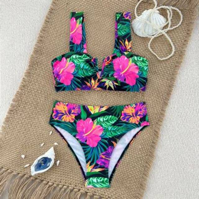 SHEIN 2pcs/Set New Multicolor Ditsy Floral High Cut Side Halter Bikini Set, Beach Resort Ladies Swimwear