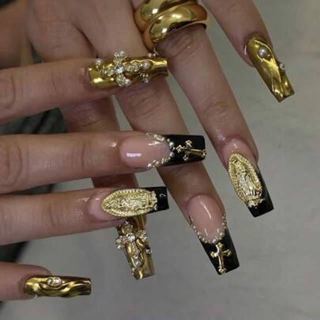 SHEIN 24pcs Long Coffin French High End Luxury Press-On Nails Black Gold Design Sequin Nails With 3D Pearl Embellishments For Women And Girls Party Prom Or