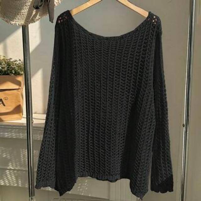 Comfortcana Plus Size Casual Solid Color Mesh Hollow Out Pullover Sweater, Black Mesh Top, Long Sleeve Mesh Top Winter Fall Autumn