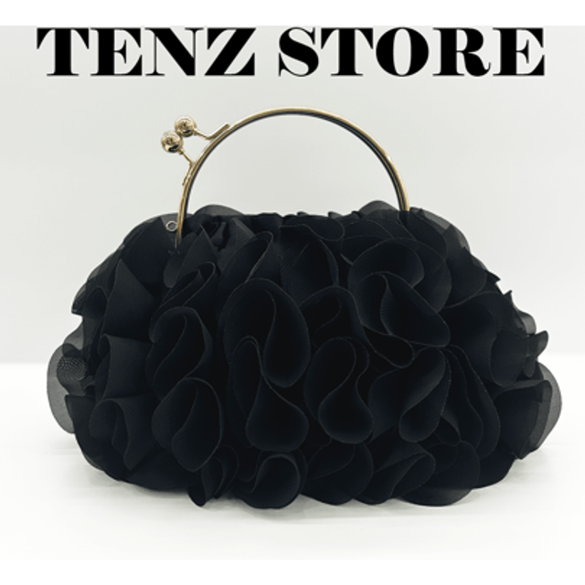 SHEIN Women Elegant Large-Capacity Black Floral Pleated Satin Evening Clutch Party Bag Purse Handbagâ Chic Chiffon Petal Handbag With Chain Strap, Fits Pr