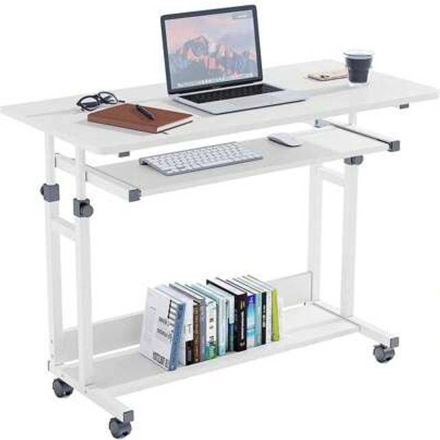 SHEIN Computer Desk Mobile, Portable Office Desk With Movable Wheels, Height Adjustable Study Desk, Home Office Desk With Keyboard Tray And Shelf For Small