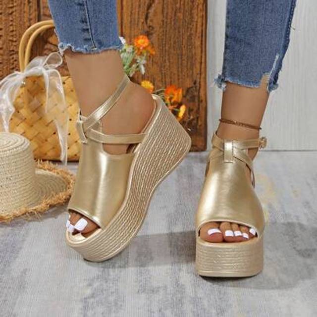 SHEIN Women&#39;s Wedge Sandals, Sexy Open Toe High Heels With Buckle Closure, Comfortable Thick Bottom Sandals