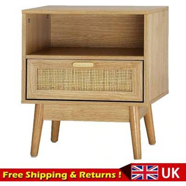 SHEIN Rattan Nightstand, Boho Side Table With Drawer Open Shelf, Cane Accent Bedside End Table With Solid Wood Legs For Bedroom, Dorm And Small Spaces, 40 X