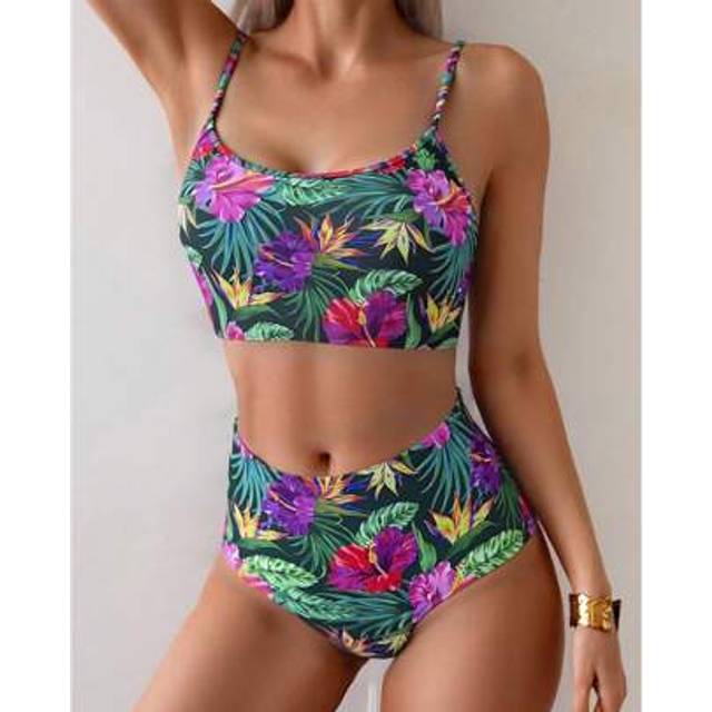 SHEIN Women&#39;s Floral Print Beach Vacation Loose Fit High Waist Conceals Belly Spaghetti Strap Bikini Top