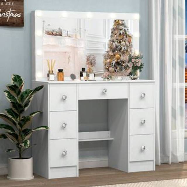 SHEIN Large  Mirror Dressing Table Set With 11 LED Lights 7 Drawers Bedroom