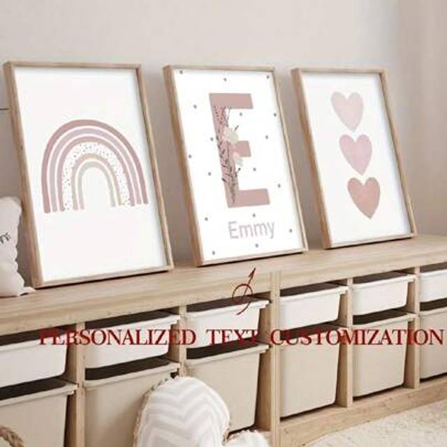 SHEIN 3 Pcs/Set Unframed Personalized Name Canvas Poster Wall Art, Custom Name Poster Home Decoration, Cartoon Rainbow Love Canvas Print Kids Room Living Ro