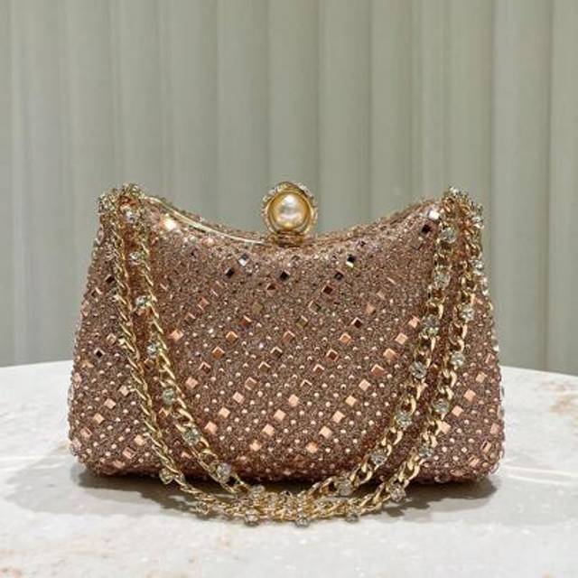 SHEIN 1pc Champagne Shiny Sparkling Crystal Decorated Handbag, Elegant Clutch Purse Suitable For Evening Parties, Weddings, Cocktail Events, Formal Occasion