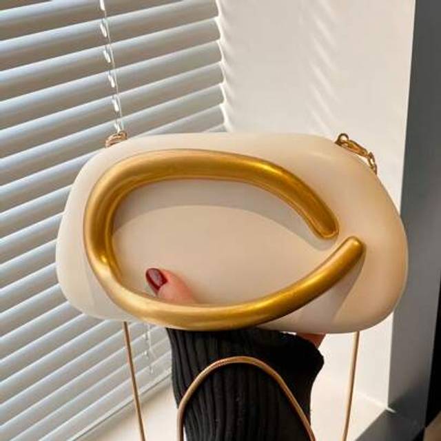 SHEIN New Unique Shaped Party/Wedding Clutch Bag For Women, White Bride Evening Dress Handbag With Snake Chain Shoulder Strap, Vintage Leather Hard Case Cro