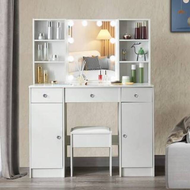 SHEIN Large Dressing Table With Lighted Mirror 5 Drawrers Vanity Makeup Desk, Dressing Vanity Set With Mirror And Stool