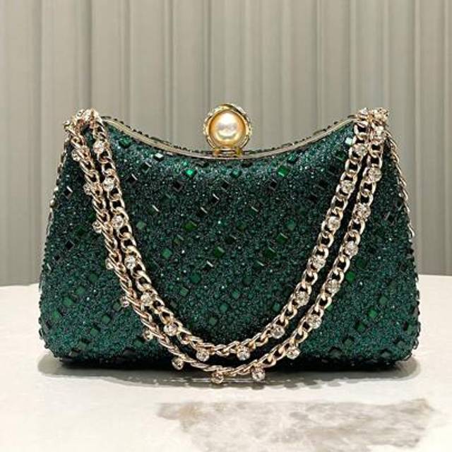 SHEIN 1pc Shiny Elegant Rhinestone Embellished Dark Green Clutch Bag, Fashion Lady&#39;s Graceful Handbag For Evening Party, Cocktail, Wedding, Banquet, Prom
