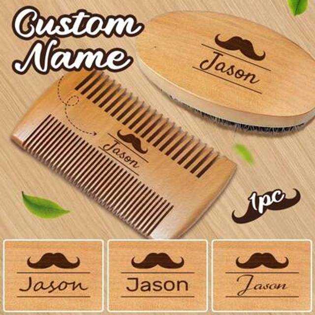 SHEIN 1/2pcs/Set Custom Beard Brush And Comb Set, Personalized Men&#39;s Beech Wood Beard Brush And Comb Set With Beard Pattern, Natural Bristle Brush, Double S