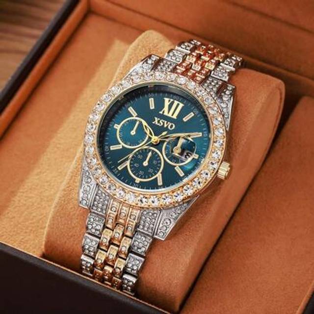 SHEIN 1pc Men&#39;s Fashion Business Roman Scale Fully Diamond Quartz Steel Band Watch, Suitable For Daily Matching, Birthday, Anniversary, Halloween
