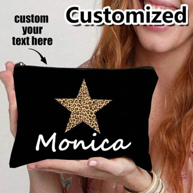 SHEIN 1pc Leopard Cosmetic Bag, Custom Name Logo Cosmetic Bag, Leopard Star Pattern, Cute, Playful And Sexy, At The Forefront Of The Can Be Customized To Yo